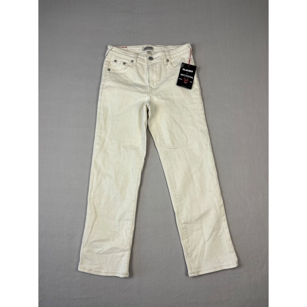True Religion x Playboy Jeans Womens 25 Beige 90s Straight Leg Embroidered